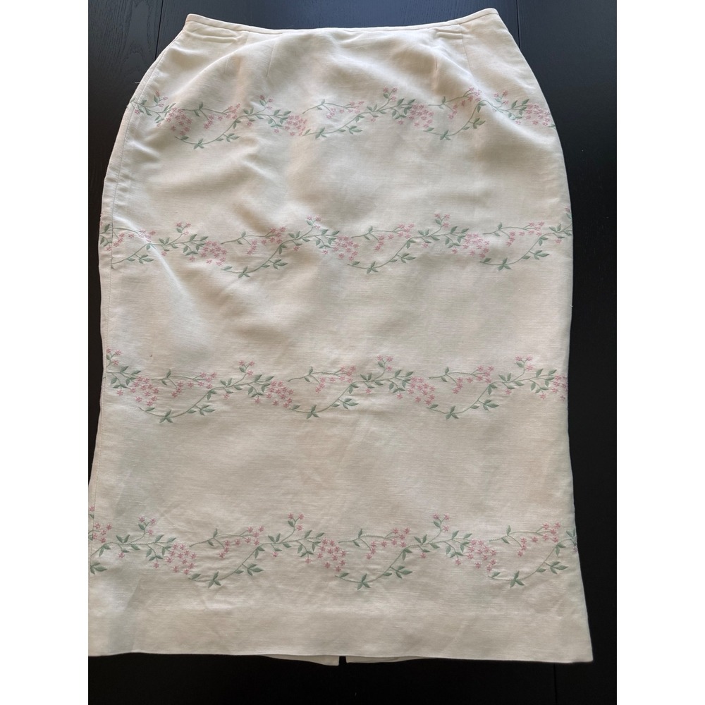 Kasper Embroidered Linen Skirt Womens 10P Petite Ivory/Pink Floral‎ Midi Wedding